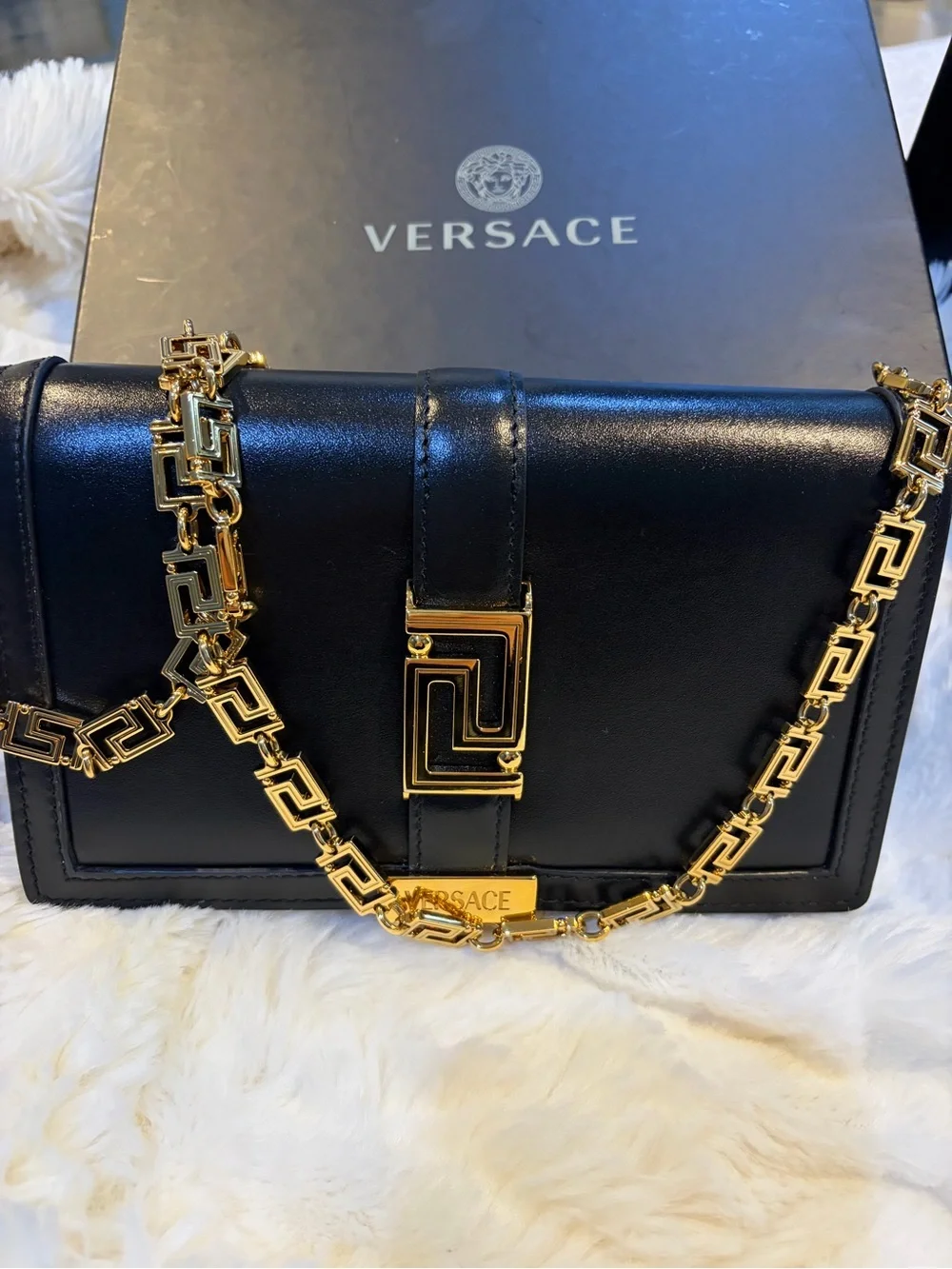 Versace Greca Goddess Black Leather Clutch with Gold Greek-Key Accent